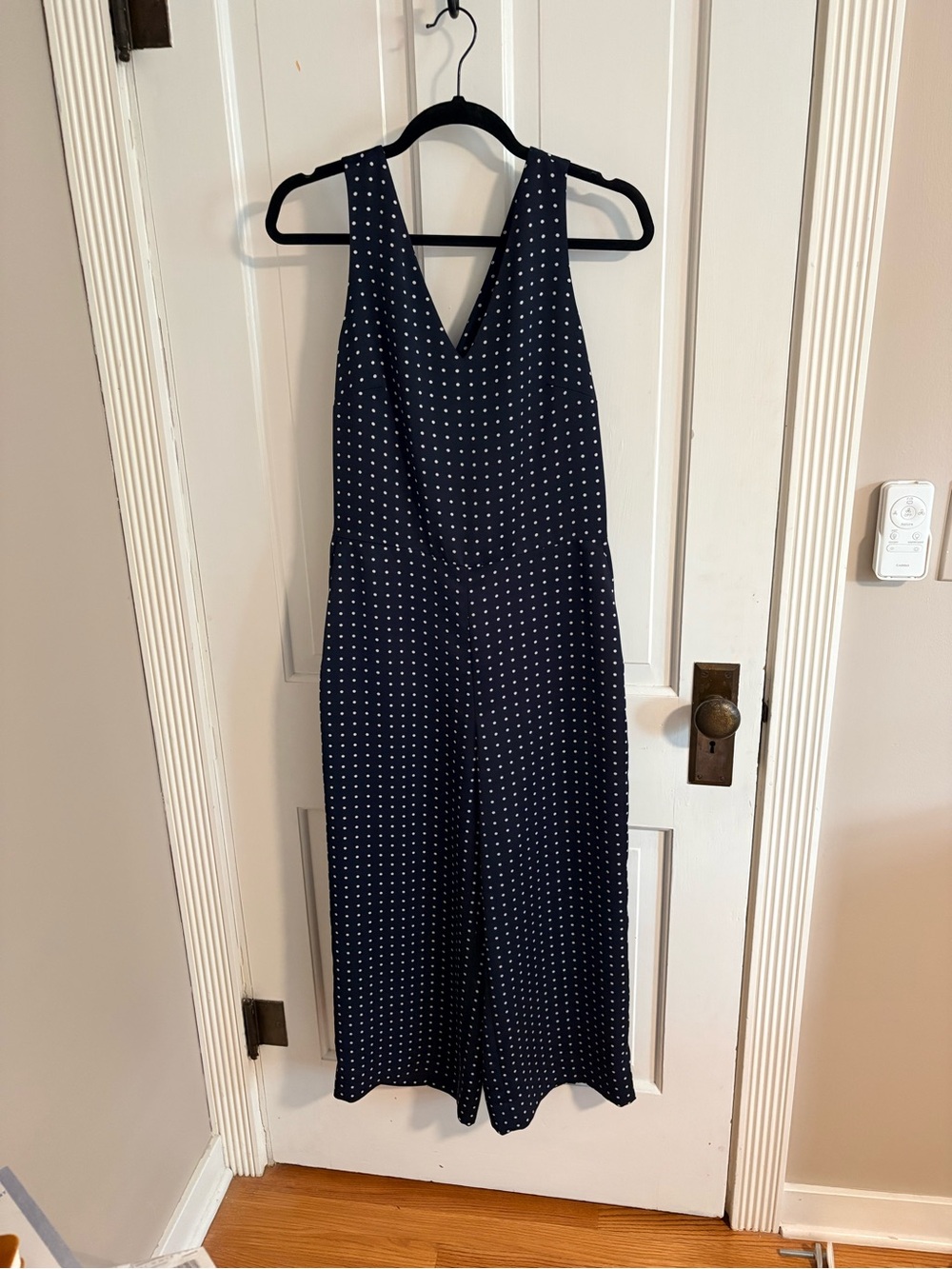 Banana Republic Navy Polka Dot Sleeveless V-Neck Wide Leg Jumpsuit